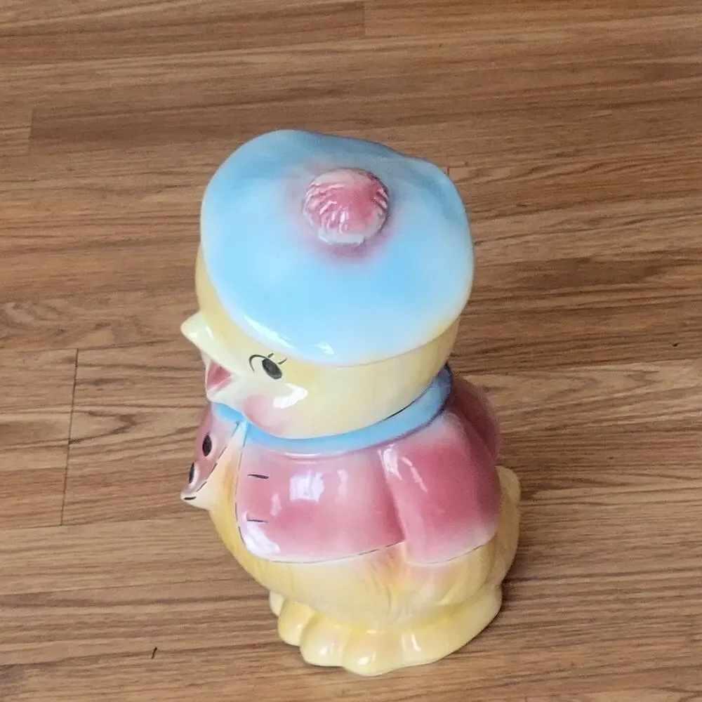 Vintage American Bisque Chick Cookie Jar MCM 1950s Chickadee Pink Jacket Kitsch